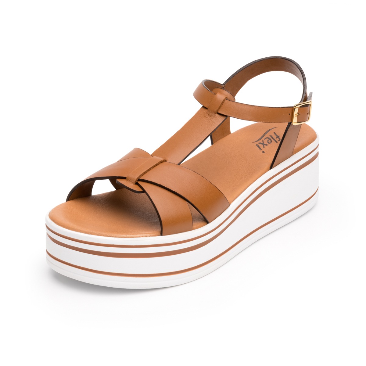 Sandalia Urbana Flexi Con Plataforma Blanca Rayada Para Mujer - Estilo 103301 Café