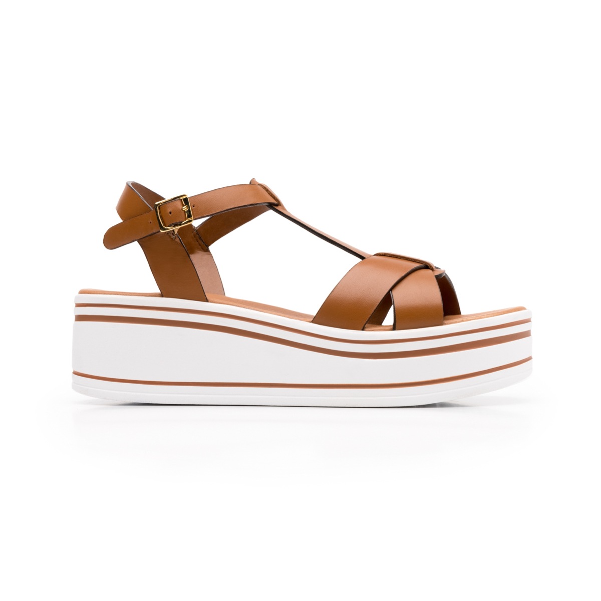 Sandalia Urbana Flexi Con Plataforma Blanca Rayada Para Mujer - Estilo 103301 Café