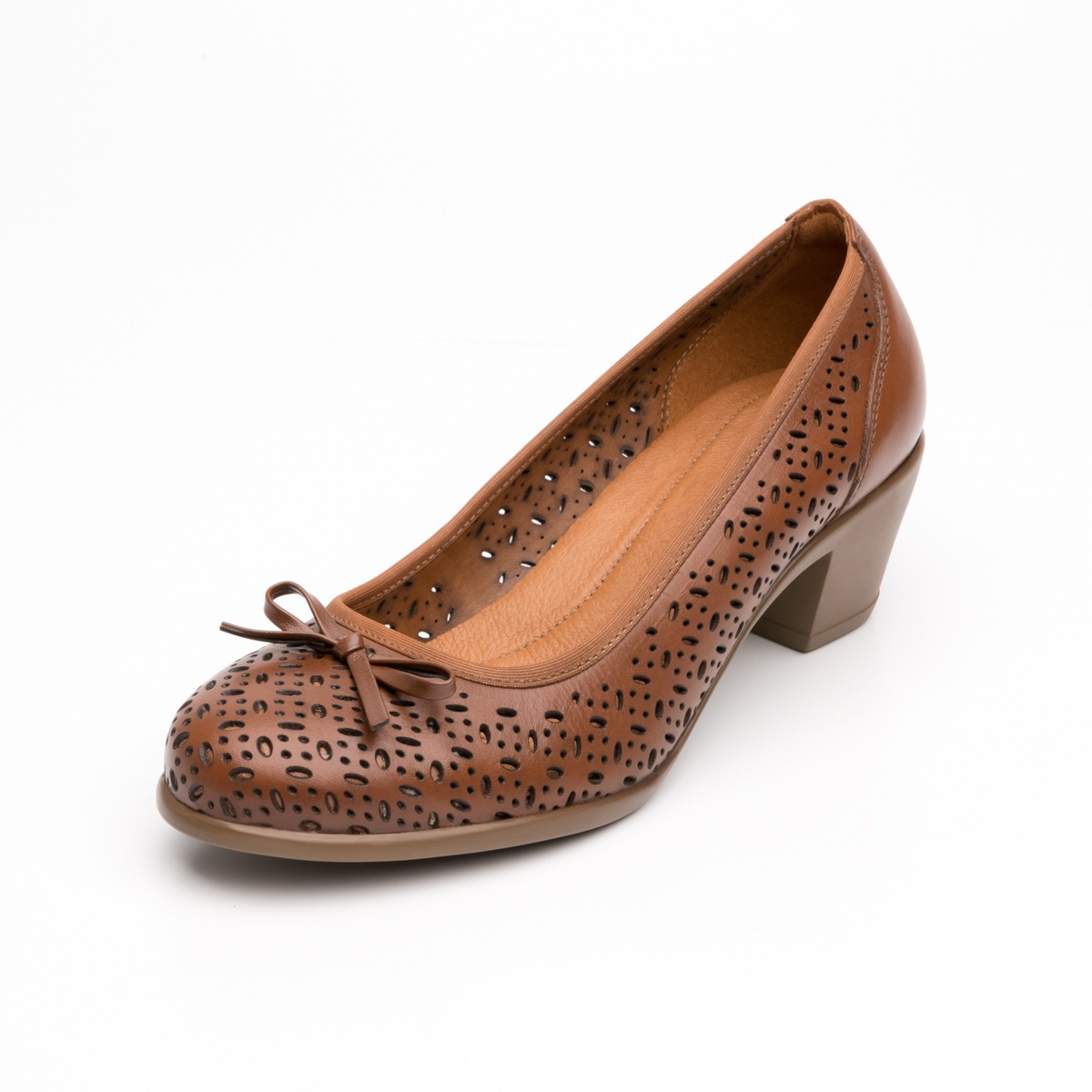 Zapato De Tacón Para Oficina Flexi 15421 Con Perforado Láser Y Moño Para Mujer - Estilo 15421 Tan
