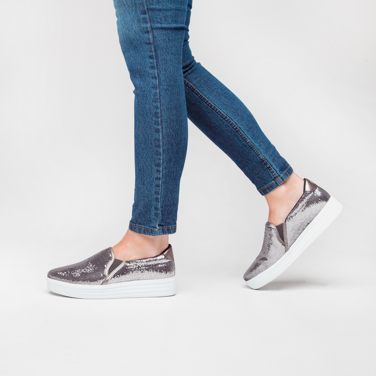 Flat Universitario Flexi De Lentejuelas Para Mujer - Estilo 36310 Plomo
