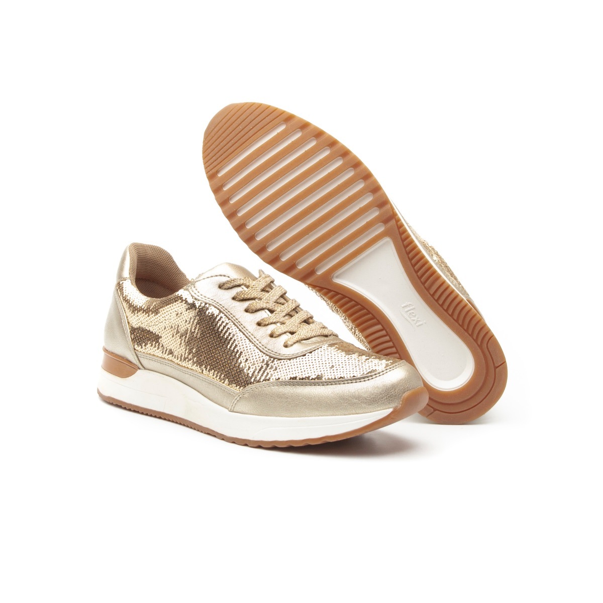 Sneaker Urbano Flexi Con Lentejuelas De Alto Brillo Para Mujer - Estilo 37704 Oro